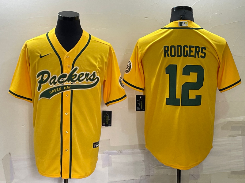 Men's Green Bay Packers #12 Aaron Rodgers Yellow Cool Base Stitched Baseball Jersey
